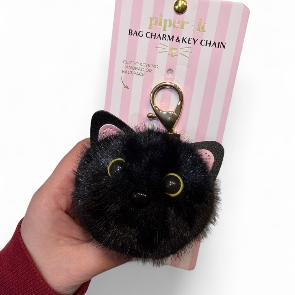 Piper K Black Cat Bag Charm Keychain Faux Fur Plush Kawaii Y2K Accessory NWT - Picture 2 of 2